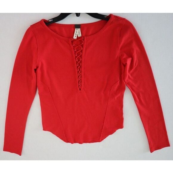 Free People We The Free OB745830 Women's Sz S Jacqui Red Lace Up Long Sleeve Top - Picture 5 of 6